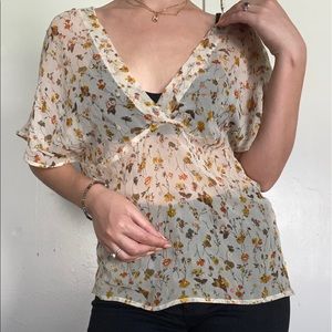 Anthropologie Vintage Cream Floral 100% Pure Silk Blouse - Medium